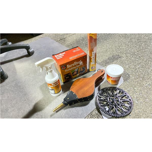GROUP LOT WOODSTOVE/FIREPLACE CARE KIT. SMALL BELLOWS, SURESTART FIRELIGHTING SQUARES, MATCHES,