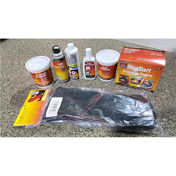 GROUP LOT OF WOODSTOVE/FIREPLACE CARE AND SAFETY KIT. EXTRA LONG HEARTH GLOVES WITH EXTRA HEAVY