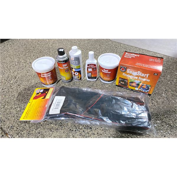 GROUP LOT OF WOODSTOVE/FIREPLACE CARE AND SAFETY KIT. EXTRA LONG HEARTH GLOVES WITH EXTRA HEAVY