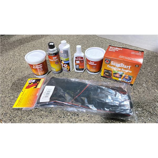 GROUP LOT OF WOODSTOVE/FIREPLACE CARE AND SAFETY KIT. EXTRA LONG HEARTH GLOVES WITH EXTRA HEAVY