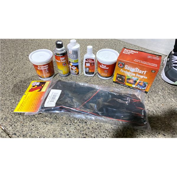 GROUP LOT OF WOODSTOVE/FIREPLACE CARE AND SAFETY KIT. EXTRA LONG HEARTH GLOVES WITH EXTRA HEAVY