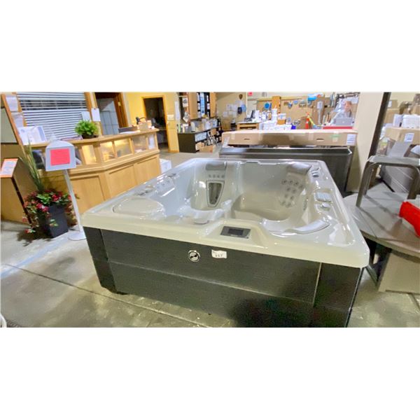 HOTSPRING PORTABLE SPAS HOT TUB. SOVEREIGN IN ICE GREY ACRYLIC/BLACKWOOD CABINET. INC FRESHWATER IQ