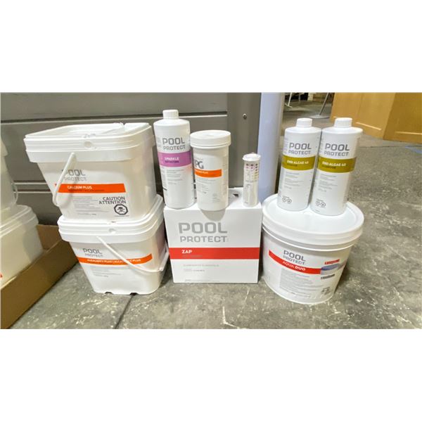 GROUP POOL/HOT TUB CHEMICAL LOT. ZAP, AQUA DUO DUAL ACTION CHLORINE PUCKS, SPARKLE, 2X END ALGAE,