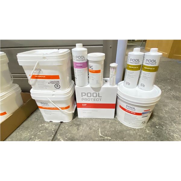 GROUP POOL/HOT TUB CHEMICAL LOT. ZAP, AQUA DUO DUAL ACTION CHLORINE PUCKS, SPARKLE, 2X END ALGAE,