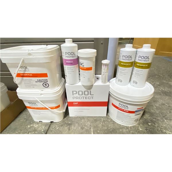 GROUP POOL/HOT TUB CHEMICAL LOT. ZAP, AQUA DUO DUAL ACTION CHLORINE PUCKS, SPARKLE, 2X END ALGAE,