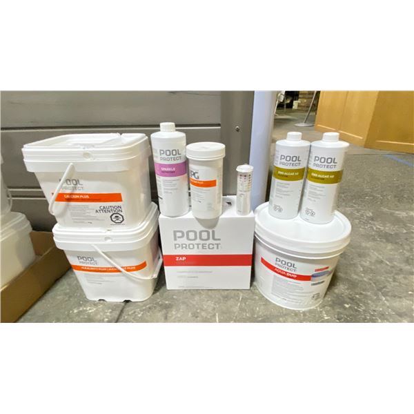 GROUP POOL/HOT TUB CHEMICAL LOT. ZAP, AQUA DUO DUAL ACTION CHLORINE PUCKS, SPARKLE, 2X END ALGAE,