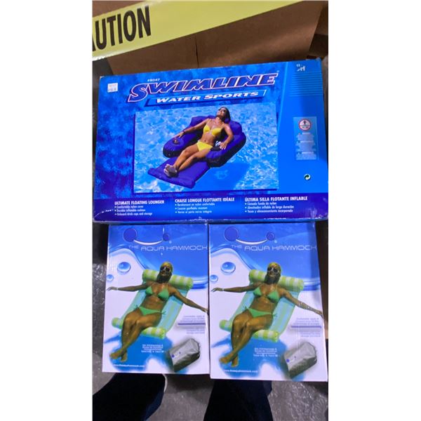 GROUP LOT OF ULTIMATE SWIMLINE FLOATING LOUNGER AND 2 X ULTIMATE FLOATING HAMMOCKS
