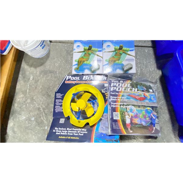GROUP LOT OF POOL BLASTER LEAF VACUUM, POOL BLASTER POOL TOY POUCH, 2 X AQUA HAMMOCKS