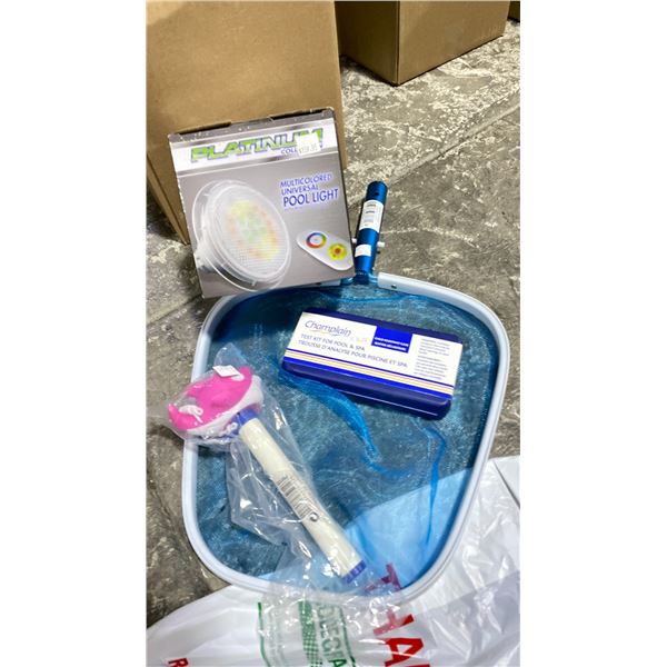 GROUP LOT- REPLACEMENT SKIMMER NET, FLOATING THERMOMETER, TEST KIT FOR POOL & SPA AND MULTICOLORED