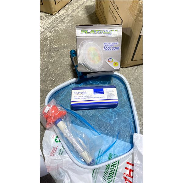 GROUP LOT- REPLACEMENT SKIMMER NET, FLOATING THERMOMETER, TEST KIT FOR POOL & SPA AND MULTICOLORED