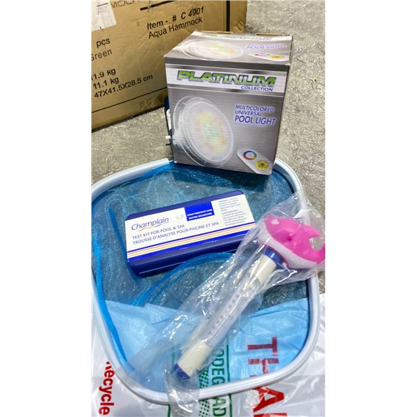 GROUP LOT- REPLACEMENT SKIMMER NET, FLOATING THERMOMETER, TEST KIT FOR POOL & SPA AND MULTICOLORED