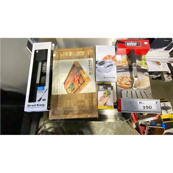 GROUP LOT CEDAR CUTTING BOARD, PREMIUM SPATULA, PIZZA CUTTER WHEEL, INFRARED THERMOMETER, LONG