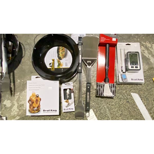 GROUP LOT BBQ KIT. SIDE TABLE THERMOMETER, CHICKEN ROASTER, LARGE SPATULA, LARGE TONGS, BASTING