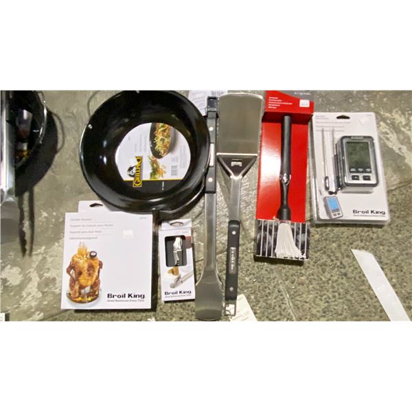 GROUP LOT BBQ KIT. SIDE TABLE THERMOMETER, CHICKEN ROASTER, LARGE SPATULA, LARGE TONGS, BASTING
