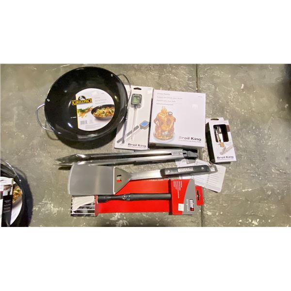 GROUP LOT BBQ KIT. INSTANT READ THERMOMETER, BASTING MOP, LARGE TONGS, GRILL WOK, CHICKEN ROASTER,