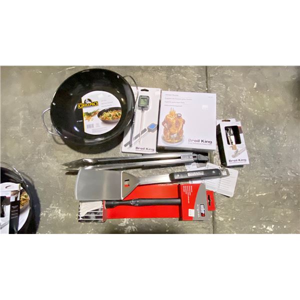 GROUP LOT BBQ KIT. INSTANT READ THERMOMETER, BASTING MOP, LARGE TONGS, GRILL WOK, CHICKEN ROASTER,