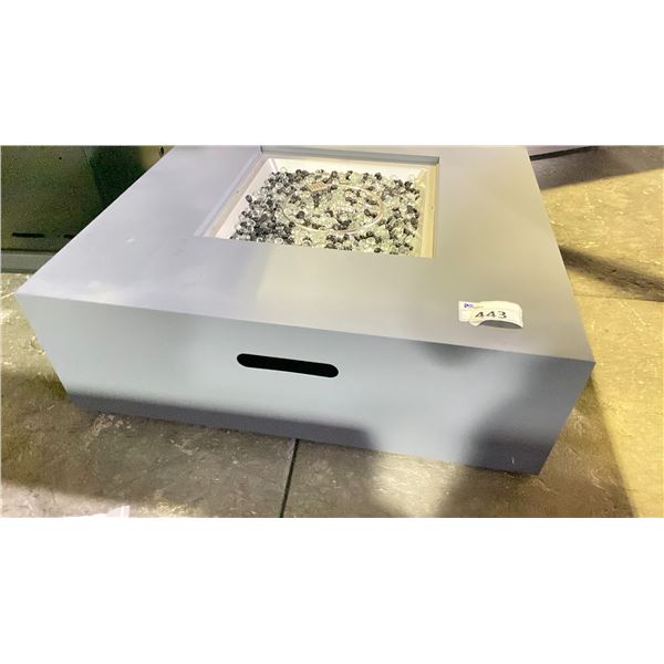 VULCAN 38" SQUARE FIRE TABLE. GREY. COMES WITH GLASS SURROUND, COVER AND LID. PROPANE.