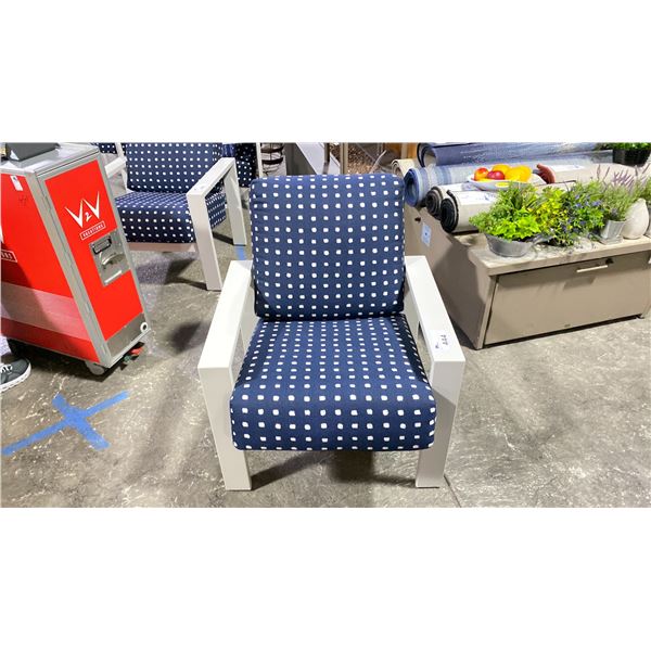 TELESCOPE CASUAL CUSHIONED ARM CHAIR. BLUE/WHITE WITH WARM GREY POLYMER COATED ARMS,