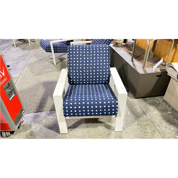 TELESCOPE CASUAL CUSHIONED ARM CHAIR. BLUE/WHITE WITH WARM GREY POLYMER COATED ARMS,