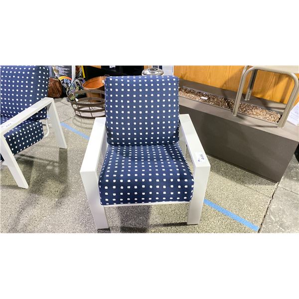 TELESCOPE CASUAL CUSHIONED ARM CHAIR. BLUE/WHITE WITH WARM GREY POLYMER COATED ARMS,