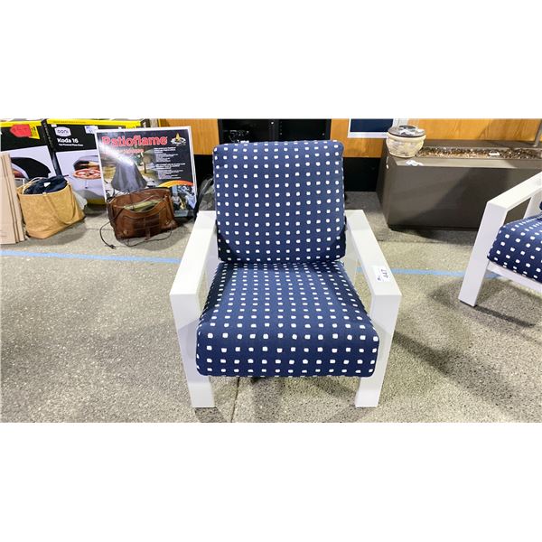 TELESCOPE CASUAL CUSHIONED ARM CHAIR. BLUE/WHITE WITH WARM GREY POLYMER COATED ARMS,