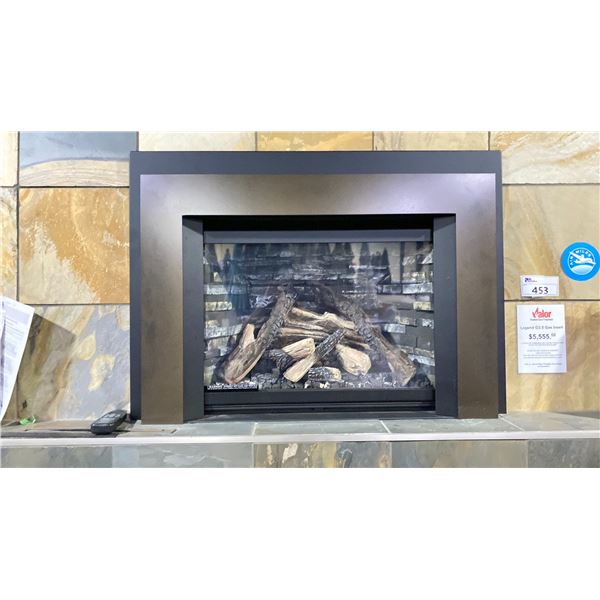 VALOR LEGENT G3.5 GAS INSERT. AS SHOWN WITH LEDGESTONE LINER, LOG SET, FLOATING 3 SIDED BRONZE TRIM