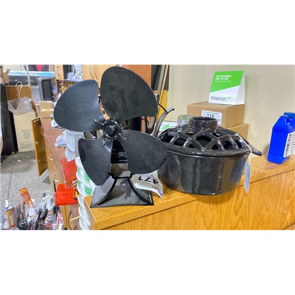 BLACK ENAMELED CAST IRON LATTICE STEAMER AND HEAT POWERED 4 BLADE SWIVEL FAN