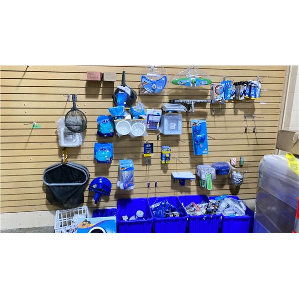 GROUP LOT OF ASST POOL ITEMS. SKIMMER SOCKS, FILTER BASKETS, SKIMMER NETS, SUCTION BRUSHES, SCRUB