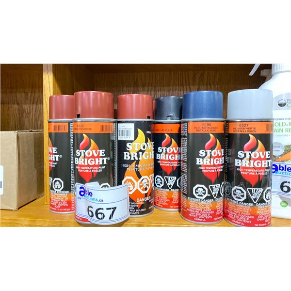 GROUP LOT OF STOVE BRIGHT HIGH TEMP PAINT TINS. 5X SHIMMERING ROSE, 2X MOJAVE RED, BLACK, METALLIC