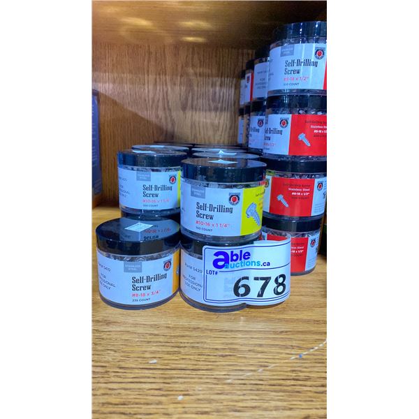 GROUP LOT OF CONTAINERS OF SCREWS. 9 X #8-18 X 3/4" STAINLESS, 10 X #10-16 X 1-1/4" STAINLESS, 16X
