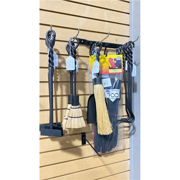 GROUP LOT OF FIREPLACE TOOLS, GLOVES, CAST IRON HANGER. RETAIL OVER $700