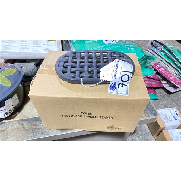 CAST IRON BLACK ENAMEL STEAMER AND OVAL TRIVET