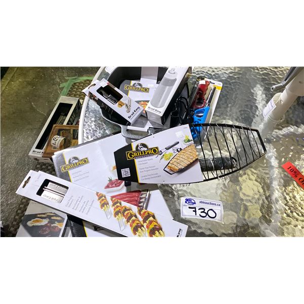 GROUP LOT CAST IRON SKILLET, FISH BASKET, DUAL PRONG SKEWERS, HOT DOG ROLLER, BBQ LIGHTERS, GOURMET