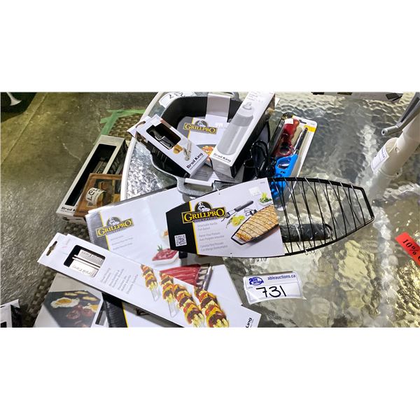 GROUP LOT CAST IRON SKILLET, FISH BASKET, DUAL PRONG SKEWERS, HOT DOG ROLLER, BBQ LIGHTERS, GOURMET