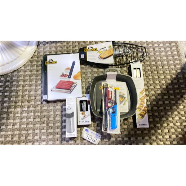 GROUP LOT CAST IRON SKILLET, FISH BASKET, DUAL PRONG SKEWERS, HOT DOG ROLLER, BBQ LIGHTERS, GOURMET
