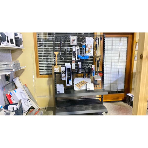 SHELF WITH CONTENTS. INC CLEANING BRUSHES, SPATULAS, LIGHTERS, SPRAY BOTTLES, WING RACK,