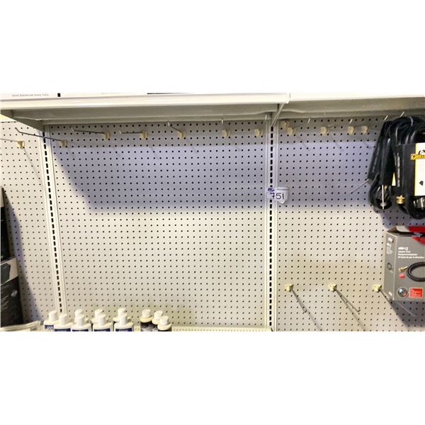 **LD RETAIL PEGBOARD SHELVING WITH SHELVES. 5X 3' SECTIONS. NO CONTENTS