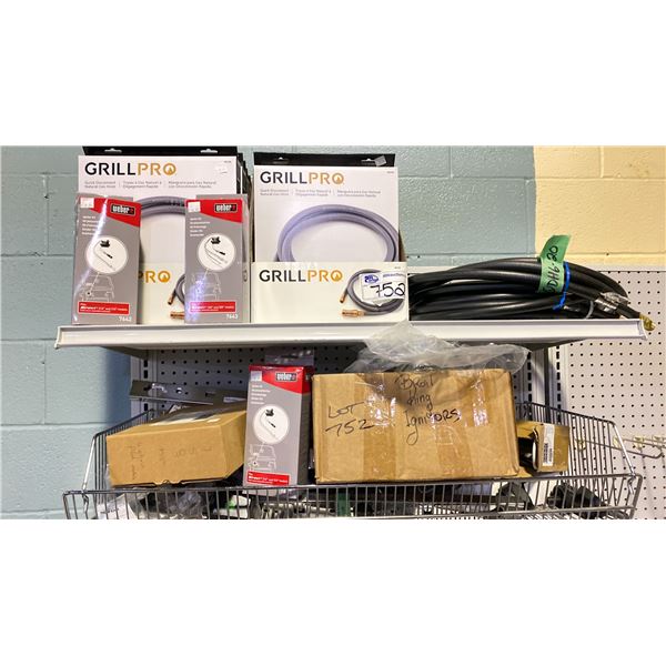 SHELF LOT APPROX 11 GRILL PRO QUICK DISCONNECT HOSES, BBQ IGNITORS, OTHER HOSES, PARTS, ETC