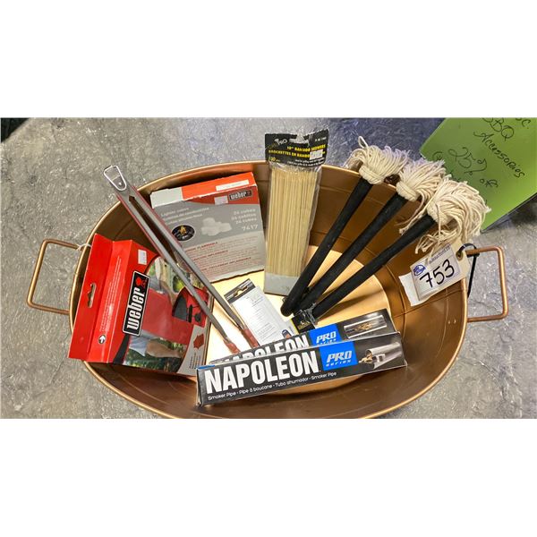 COPPER FIREWOOD BUCKET WITH ASST ITEMS, BASTING MOPS, TONGS, KEBABS, LIGHTER CUBES, DIGITAL