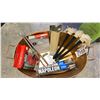 Image 1 : COPPER FIREWOOD BUCKET WITH ASST ITEMS, BASTING MOPS, TONGS, KEBABS, LIGHTER CUBES, DIGITAL
