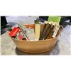 Image 2 : COPPER FIREWOOD BUCKET WITH ASST ITEMS, BASTING MOPS, TONGS, KEBABS, LIGHTER CUBES, DIGITAL