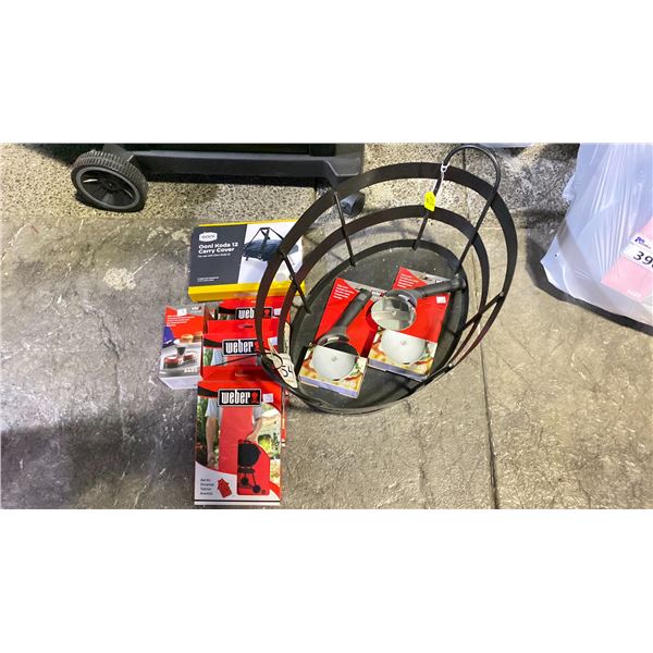 GROUP LOT METAL SHAKER LOG BASKET, PIZZA CUTTERS, SLIDER PRESS, KODA CARRY COVER, APRONS,