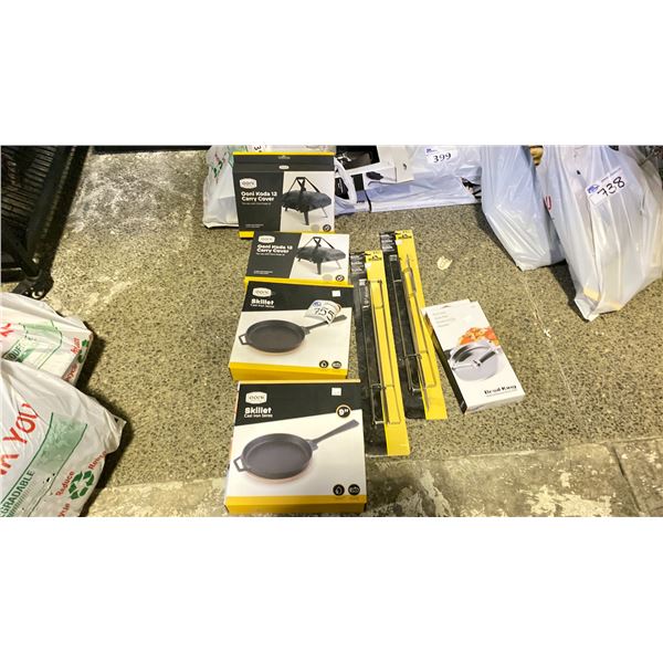 GROUP LOT 2 X 9" CAST IRON SKILLETS, 2 X 15" SKEWERS, PIZZA CUTTER, 2 X KODA 12 COVERS