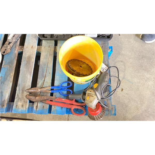 BUCKET WITH MASTERCRAFT ANGLE GRINDER AND LARGE AND MEDIUM METAL SHEARS