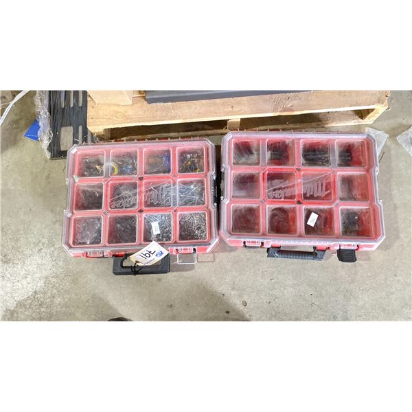2 MILWAUKEE BINS WITH ASST SCREWS, PIPE FITTINGS, ETC