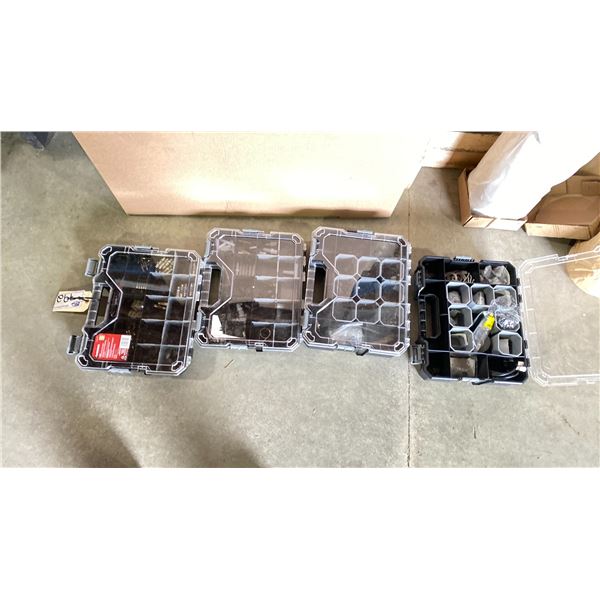 4 HUSKY PARTS BINS WITH LARGE FUSE ASST, PLASTIC PIPE FITTINGS, SCREWS, ETC