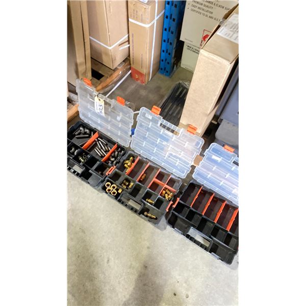 3 PARTS BINS WITH COPPER GAS FITTINGS, PIPE FITTINGS, ETC
