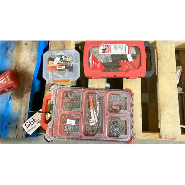 3 BINS. ARROW RIVET GUN, BIN OF RIVETS AND SCREWS, FASTENERS