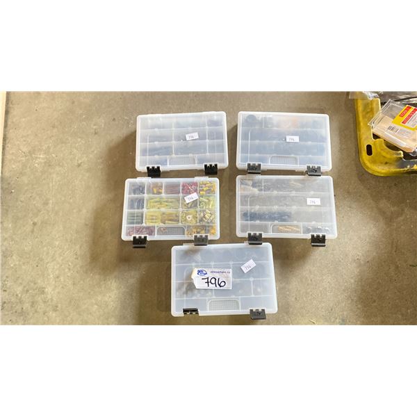 5 STACKING BINS WITH STAINLESS STEEL SCREWS, WIRE CONNECTORS, HOSE CLAMPS, SPECIALTY FASTENERS