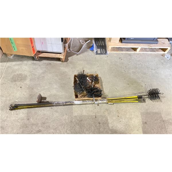 CHIMNEY SWEEP KIT. WITH 6 BRUSHES ASST SIZES AND 10 RODS TOTALING 40'